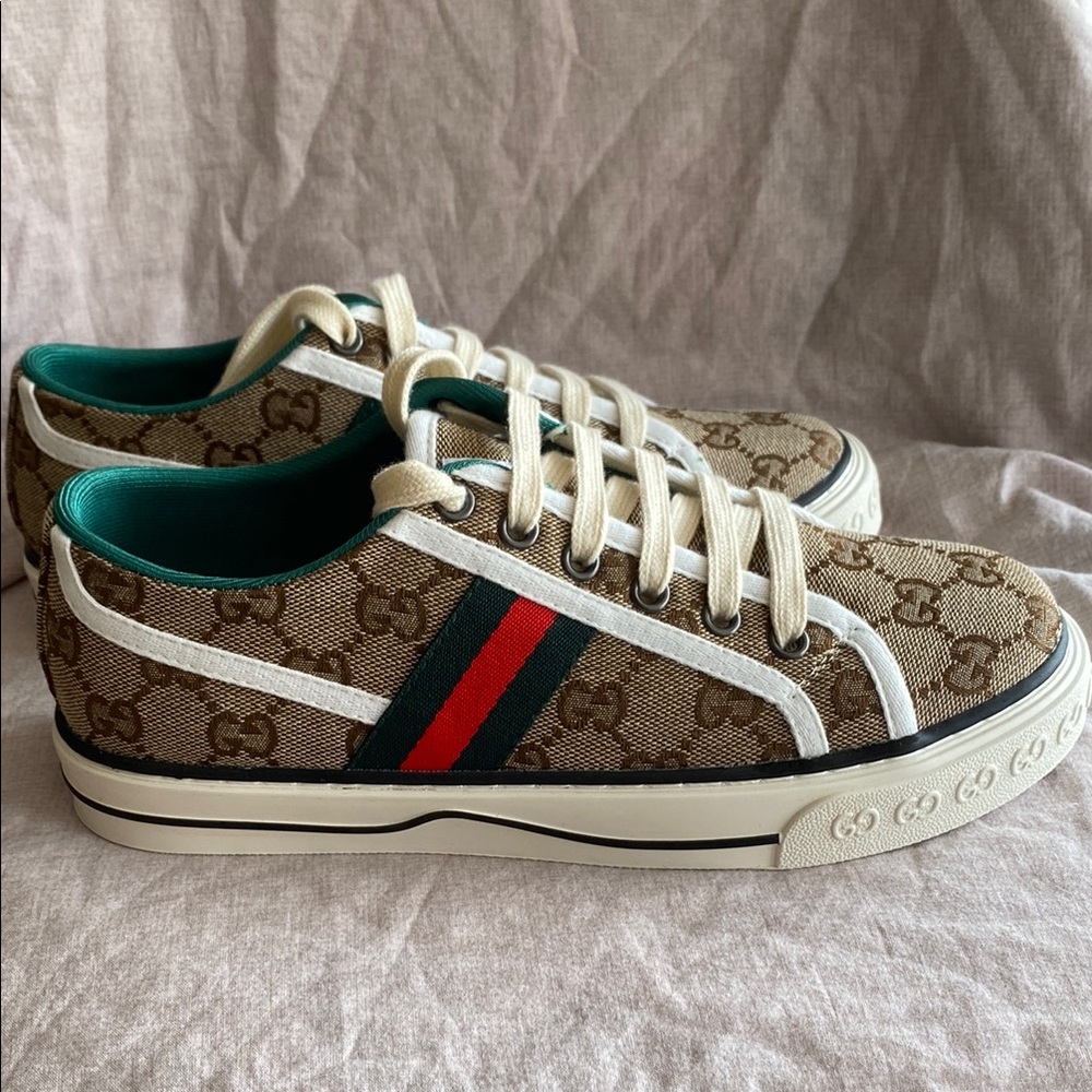 Gucci Women's Brown Canvas Sneakers with Red and Green Stripes